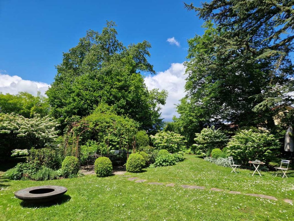 Jardin verdoyant avec tonnelle et mobilier de jardin