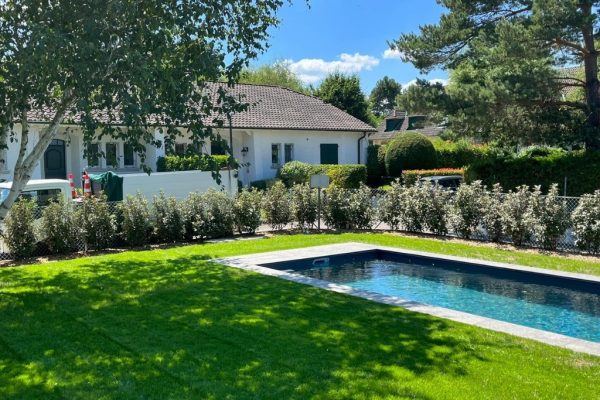 Piscine rectangulaire moderne entourée de pelouse fraîchement posée et de haies paysagères, devant une maison résidentielle en Suisse