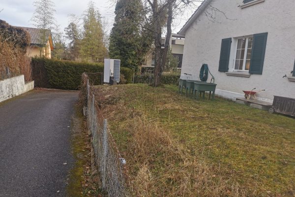 Terrain légèrement en pente avec végétation non entretenue, situé devant une maison en Suisse, avant intervention paysagère ou remise en état du jardin