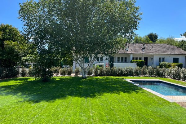 Jardin résidentiel en Suisse avec pelouse parfaitement entretenue, arbre central et piscine rectangulaire, devant une maison rénovée
